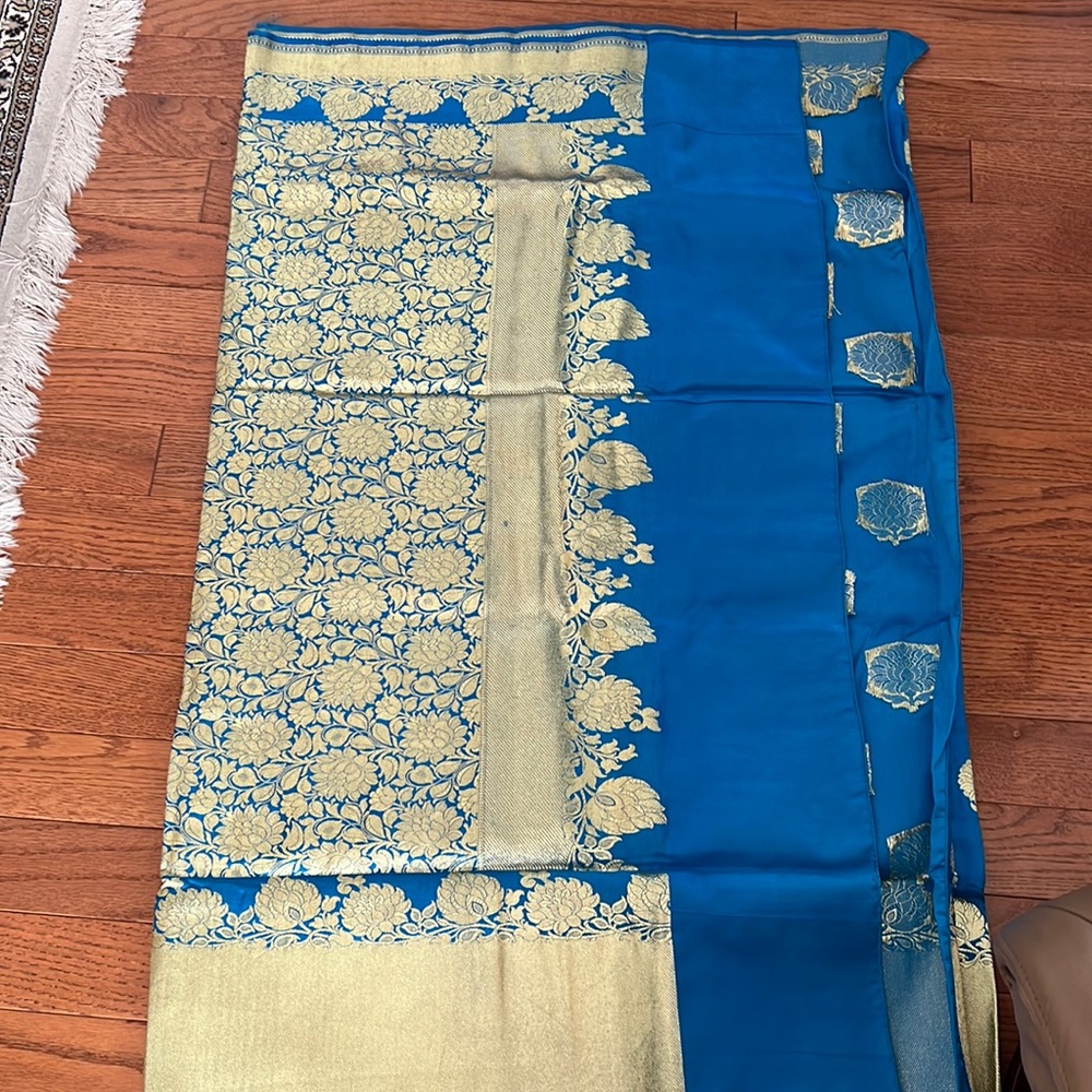 Bright blue saree with gold designs (new with tags)